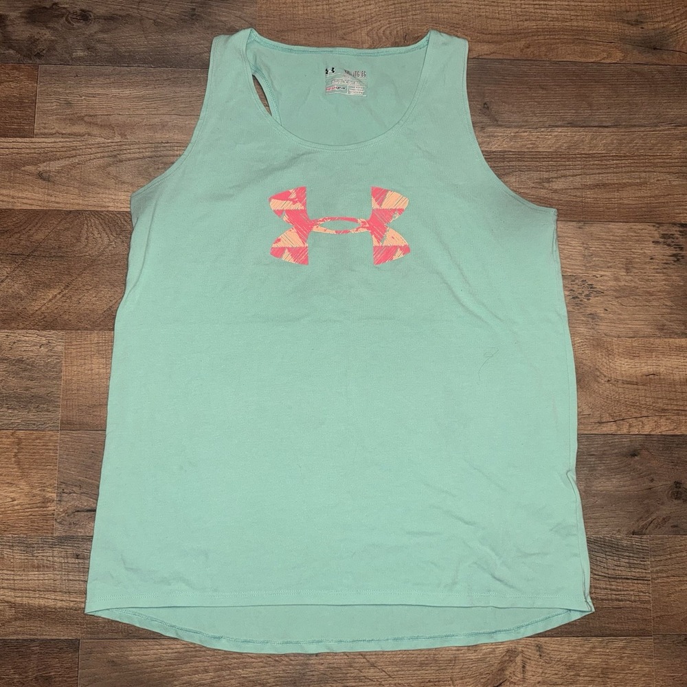 Under Armour Girls YXL Green Loose Sleeveless HeatGear Tank Top Pink Logo